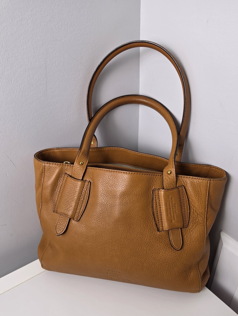 Ralph Lauren Leather Heritage Logo Cognac Tote Satchel Bag